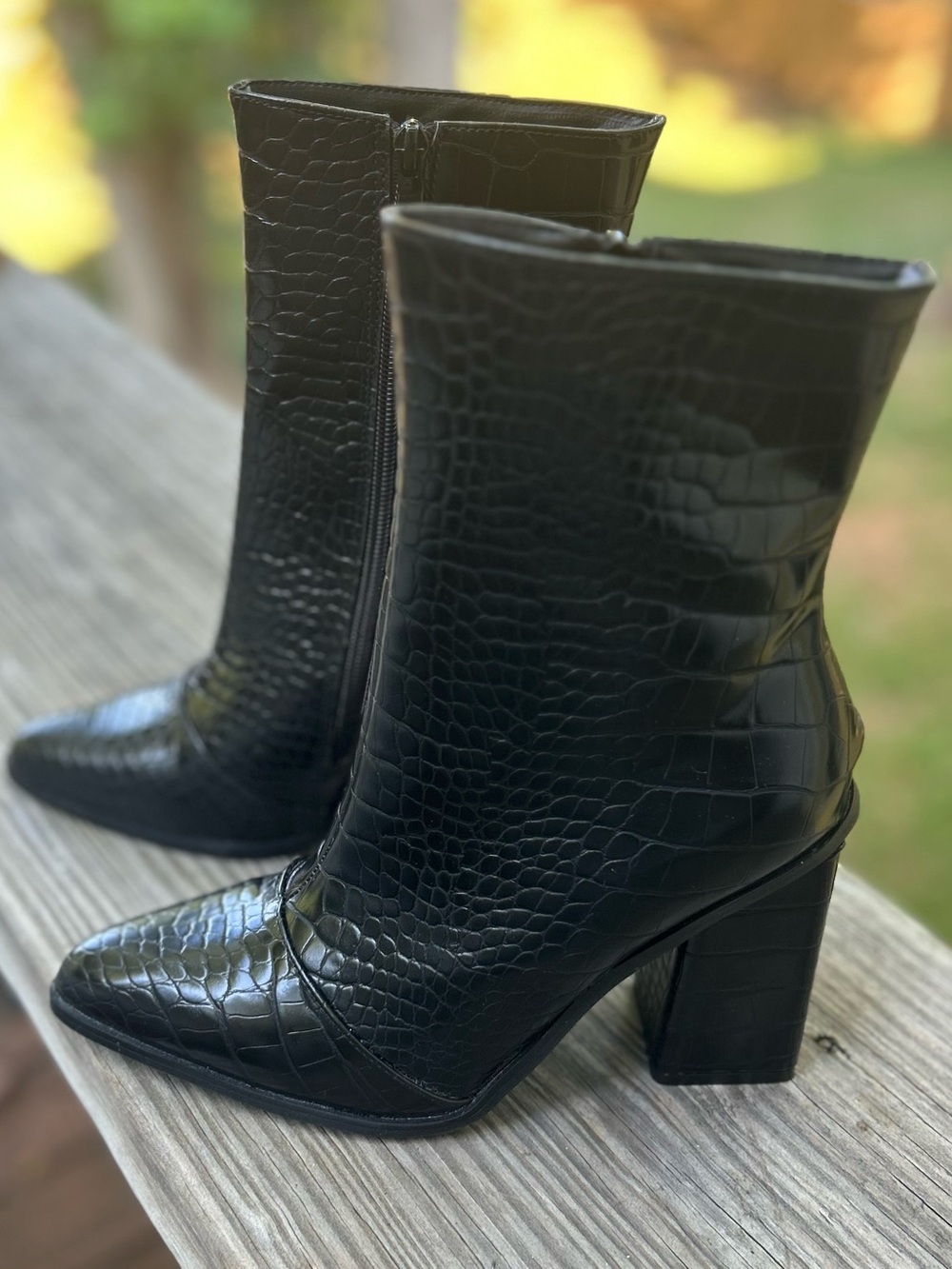 Black Croc-Embossed Block Heel Ankle Boots - Women